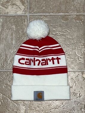 Carhartt Red and White Pom-Pom Knit Beanie